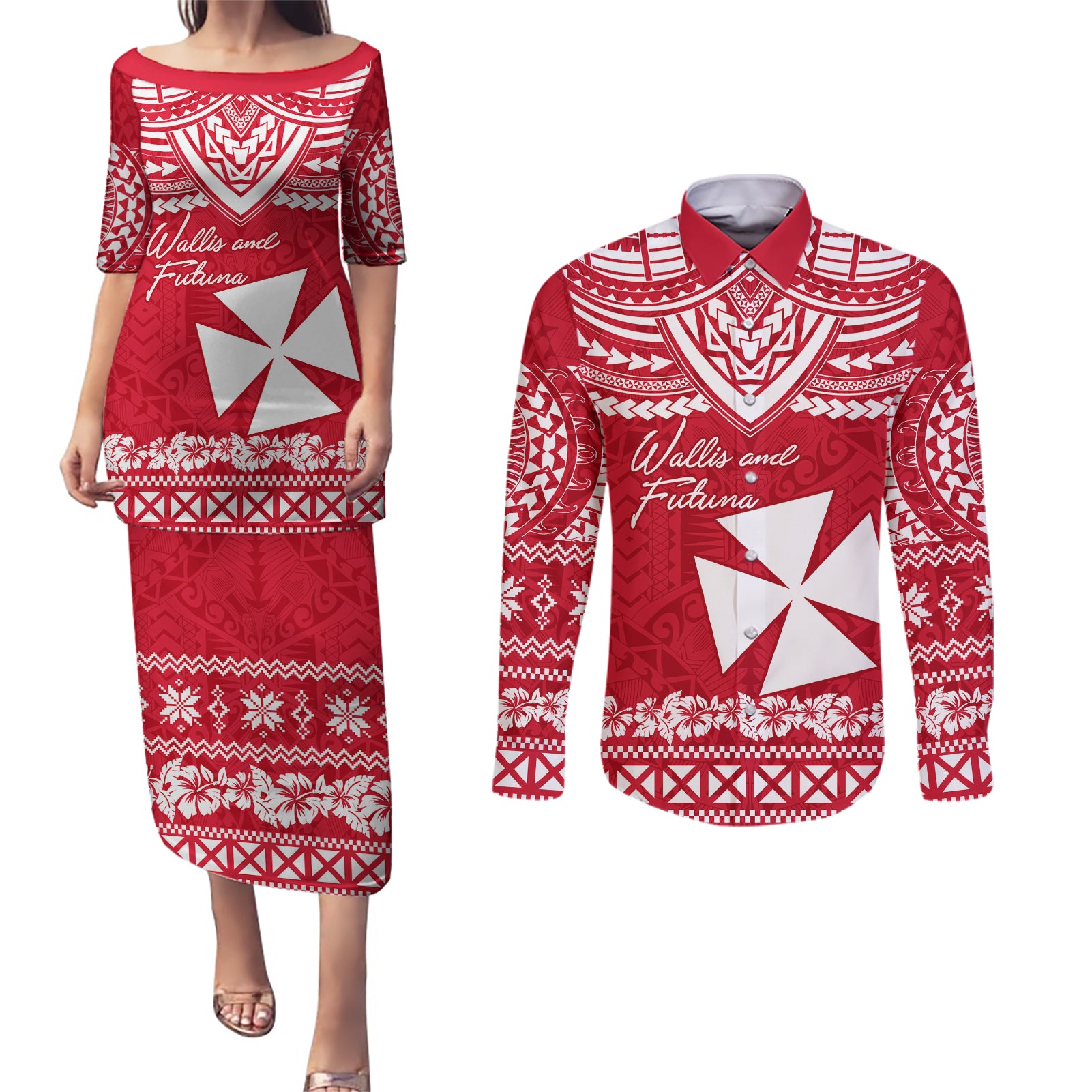 Personalised Wallis and Futuna Christmas Couples Matching Puletasi Dress and Long Sleeve Button Shirt Polynesian Tribal LT9 Red - Polynesian Pride