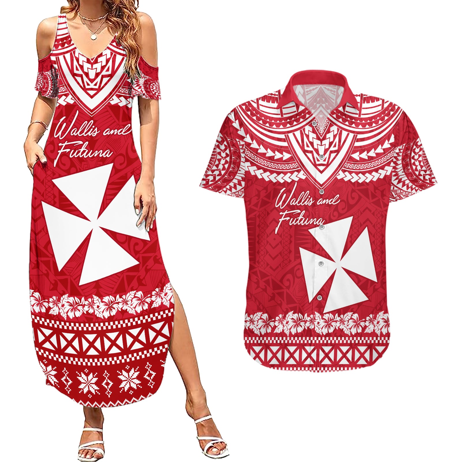 Personalised Wallis and Futuna Christmas Couples Matching Summer Maxi Dress and Hawaiian Shirt Polynesian Tribal LT9 Red - Polynesian Pride