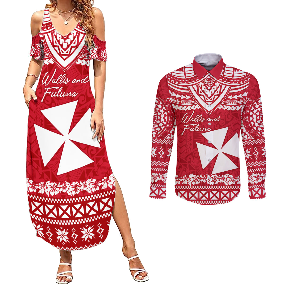 Personalised Wallis and Futuna Christmas Couples Matching Summer Maxi Dress and Long Sleeve Button Shirt Polynesian Tribal LT9 Red - Polynesian Pride