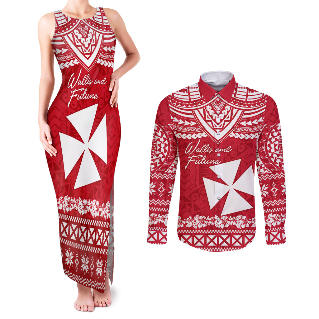 Personalised Wallis and Futuna Christmas Couples Matching Tank Maxi Dress and Long Sleeve Button Shirt Polynesian Tribal LT9 Red - Polynesian Pride