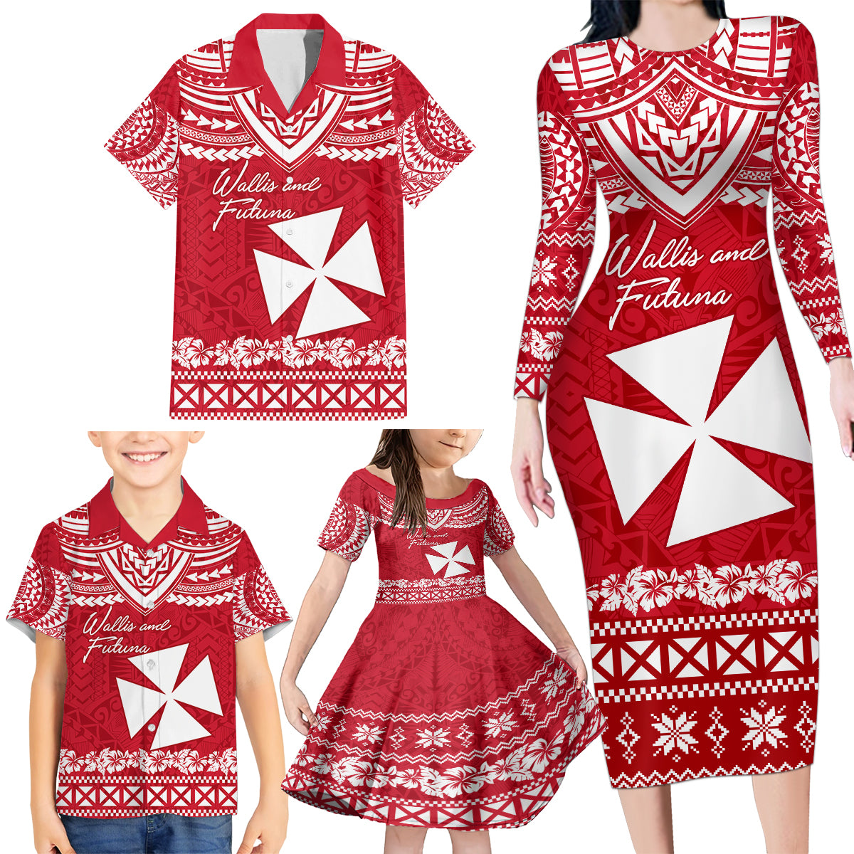 Personalised Wallis and Futuna Christmas Family Matching Long Sleeve Bodycon Dress and Hawaiian Shirt Polynesian Tribal LT9 - Polynesian Pride