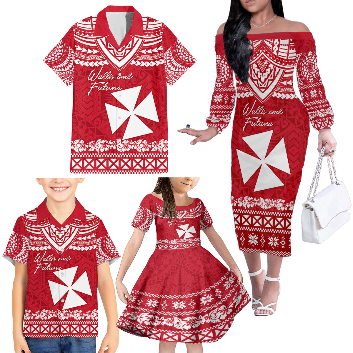 Personalised Wallis and Futuna Christmas Family Matching Off Shoulder Long Sleeve Dress and Hawaiian Shirt Polynesian Tribal LT9 - Polynesian Pride