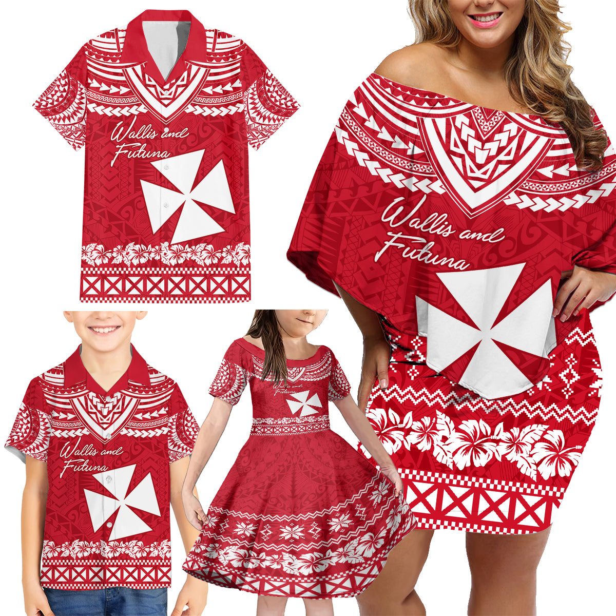 Personalised Wallis and Futuna Christmas Family Matching Off Shoulder Short Dress and Hawaiian Shirt Polynesian Tribal LT9 - Polynesian Pride