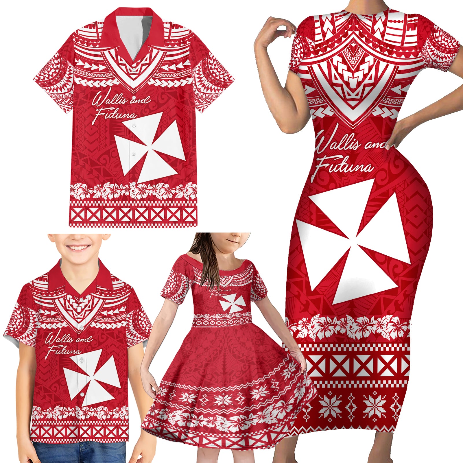 Personalised Wallis and Futuna Christmas Family Matching Short Sleeve Bodycon Dress and Hawaiian Shirt Polynesian Tribal LT9 - Polynesian Pride