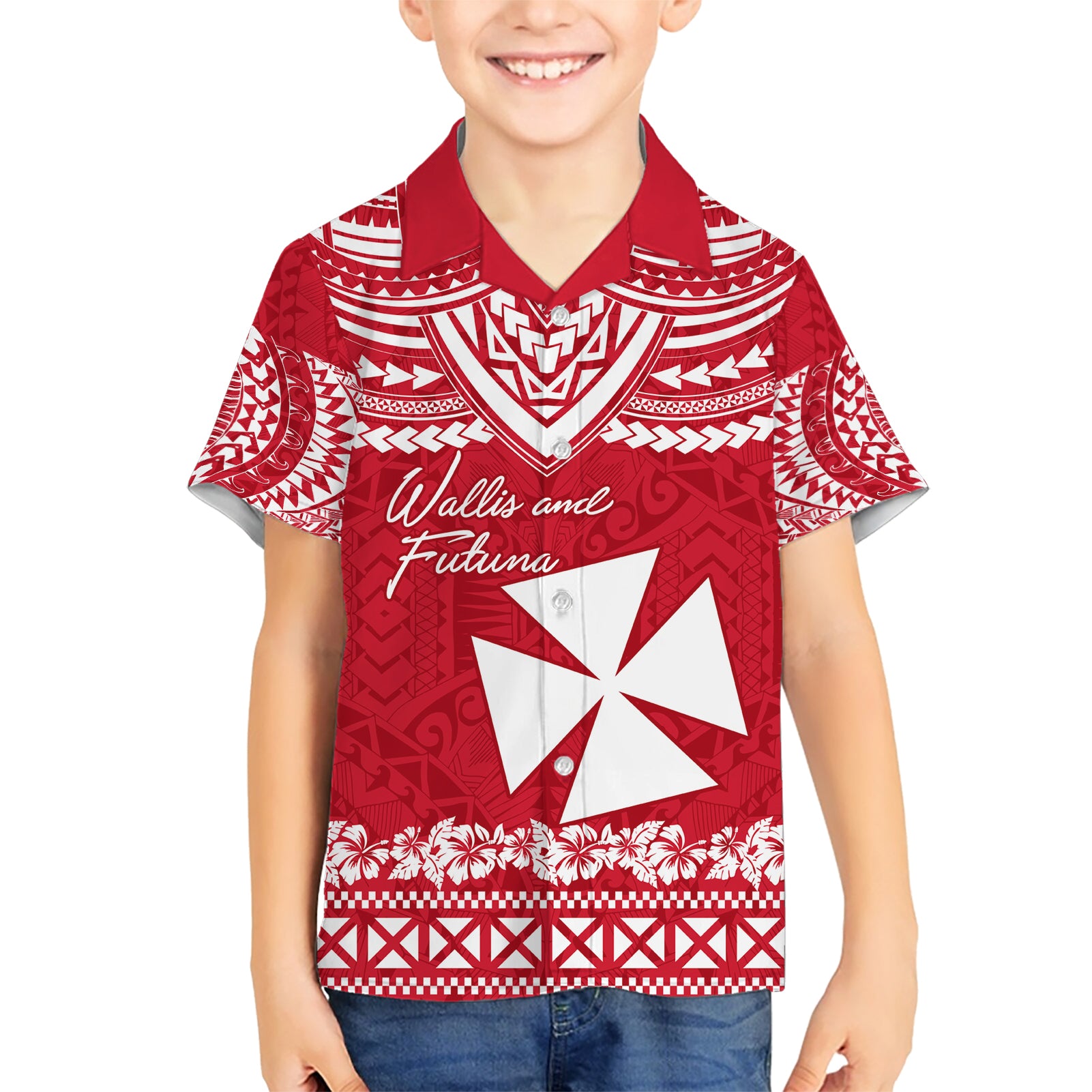 Personalised Wallis and Futuna Christmas Kid Hawaiian Shirt Polynesian Tribal LT9 Kid Red - Polynesian Pride