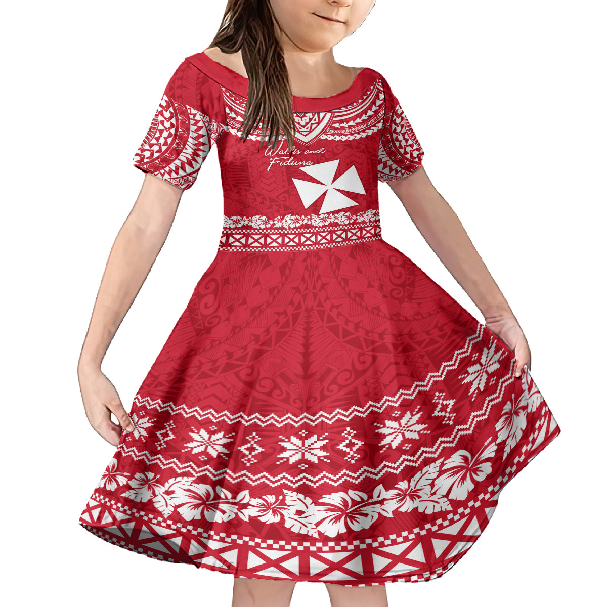 Personalised Wallis and Futuna Christmas Kid Short Sleeve Dress Polynesian Tribal LT9 KID Red - Polynesian Pride