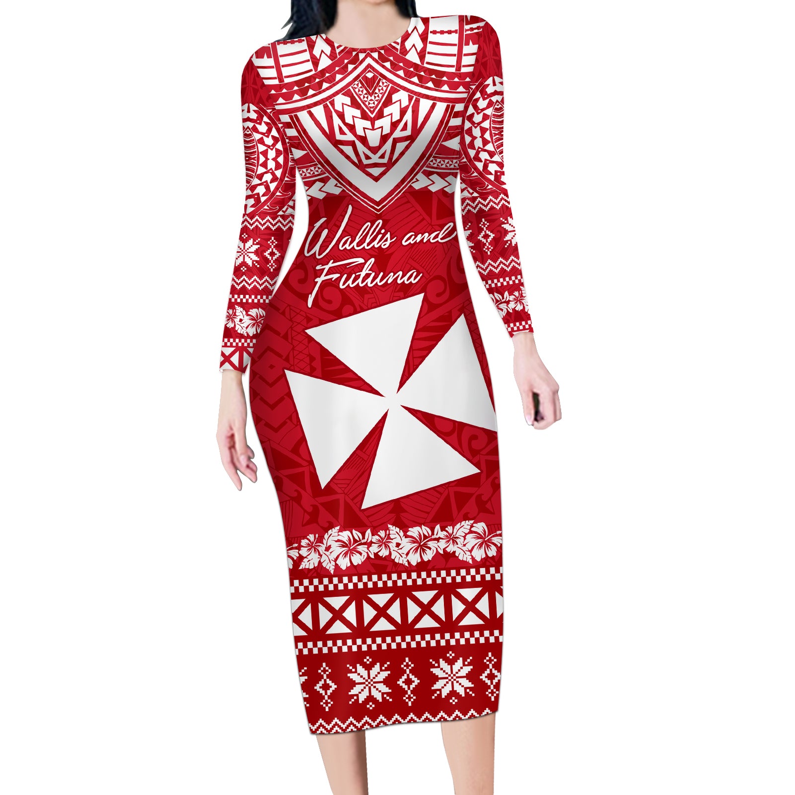 Personalised Wallis and Futuna Christmas Long Sleeve Bodycon Dress Polynesian Tribal LT9 Long Dress Red - Polynesian Pride