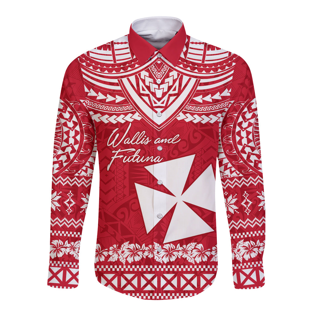 Personalised Wallis and Futuna Christmas Long Sleeve Button Shirt Polynesian Tribal LT9 Unisex Red - Polynesian Pride