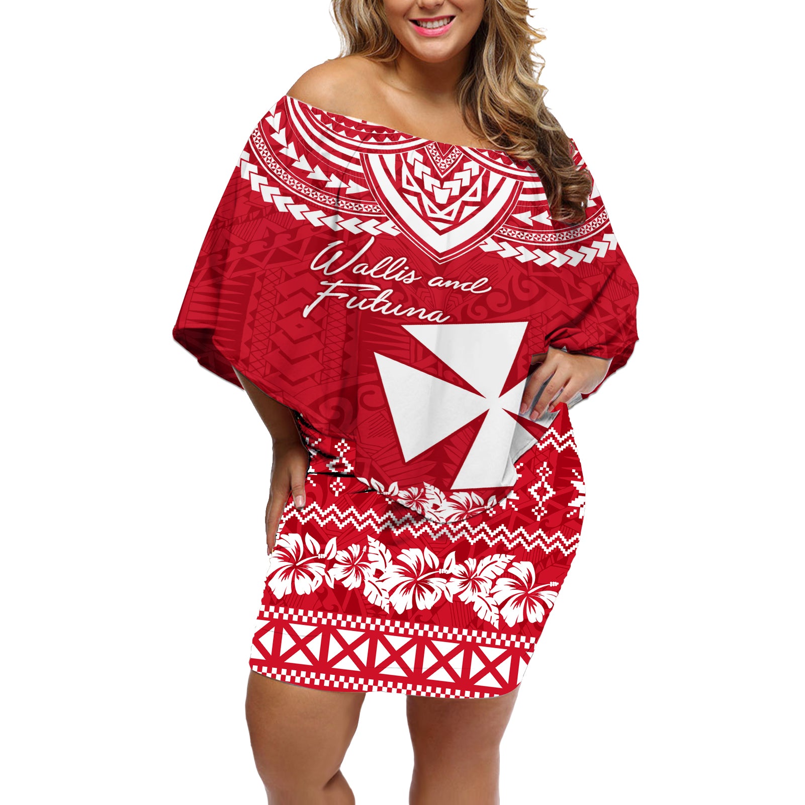 Personalised Wallis and Futuna Christmas Off Shoulder Short Dress Polynesian Tribal LT9 Women Red - Polynesian Pride