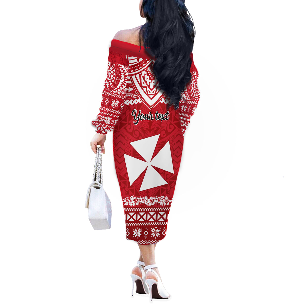 Personalised Wallis and Futuna Christmas Off The Shoulder Long Sleeve Dress Polynesian Tribal LT9 - Polynesian Pride