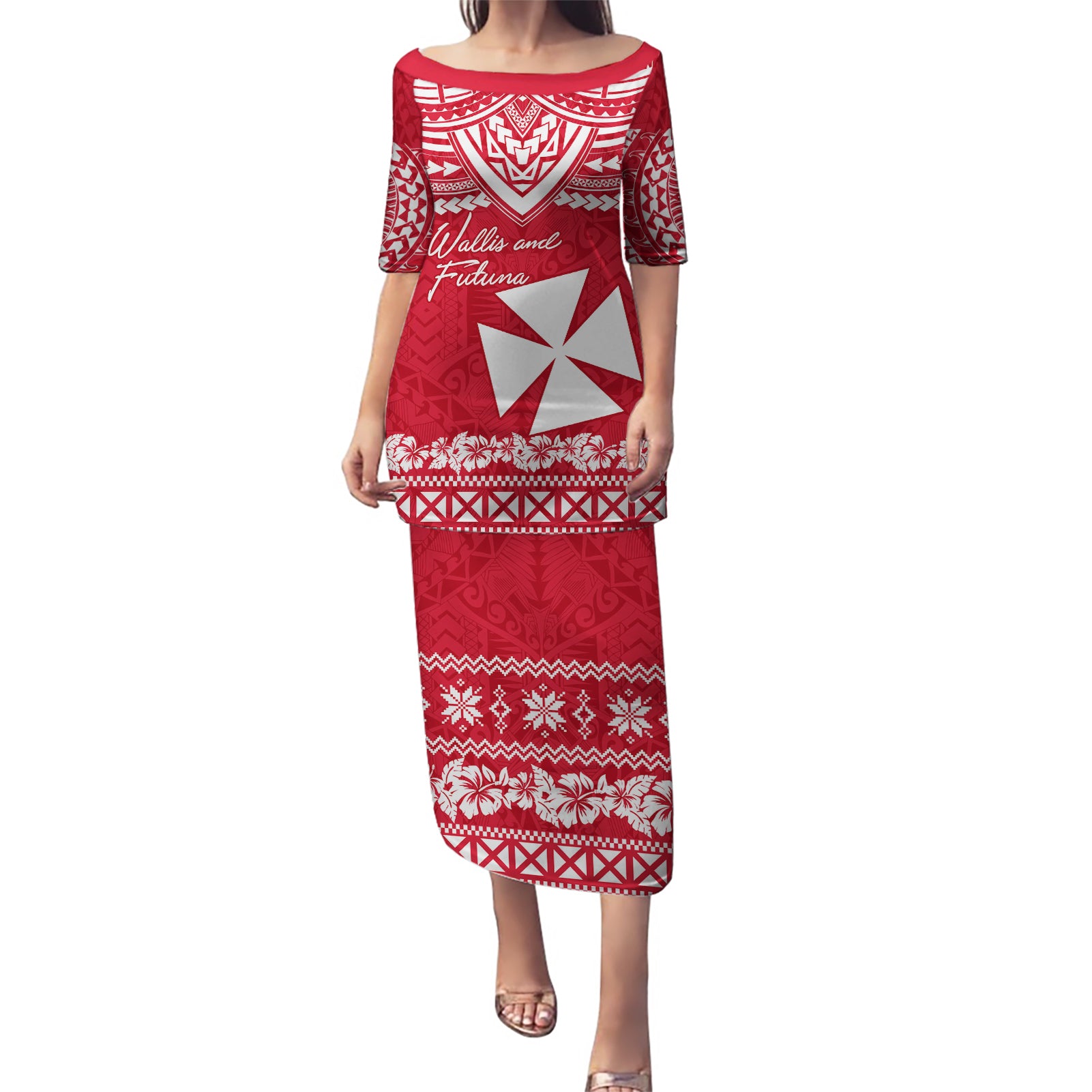 Personalised Wallis and Futuna Christmas Puletasi Polynesian Tribal LT9 Long Dress Red - Polynesian Pride