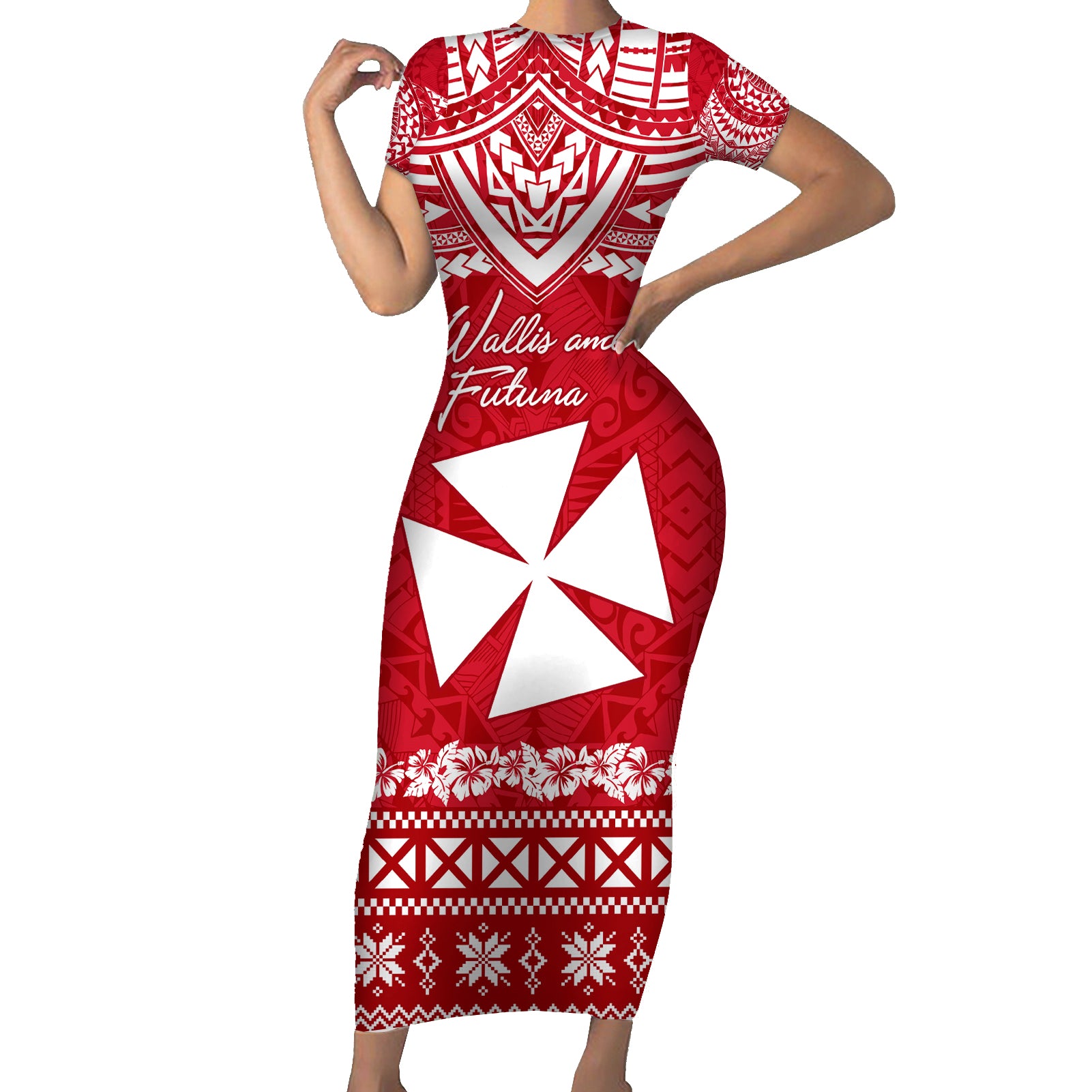 Personalised Wallis and Futuna Christmas Short Sleeve Bodycon Dress Polynesian Tribal LT9 Long Dress Red - Polynesian Pride