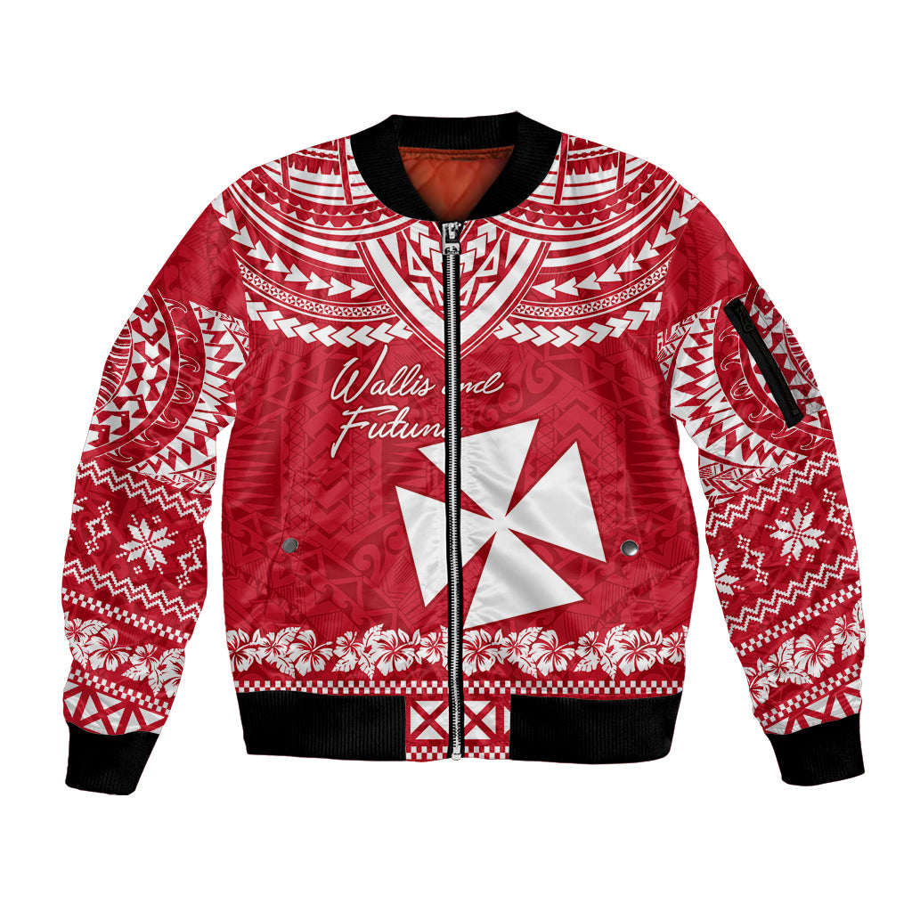 Personalised Wallis and Futuna Christmas Sleeve Zip Bomber Jacket Polynesian Tribal LT9 Unisex Red - Polynesian Pride