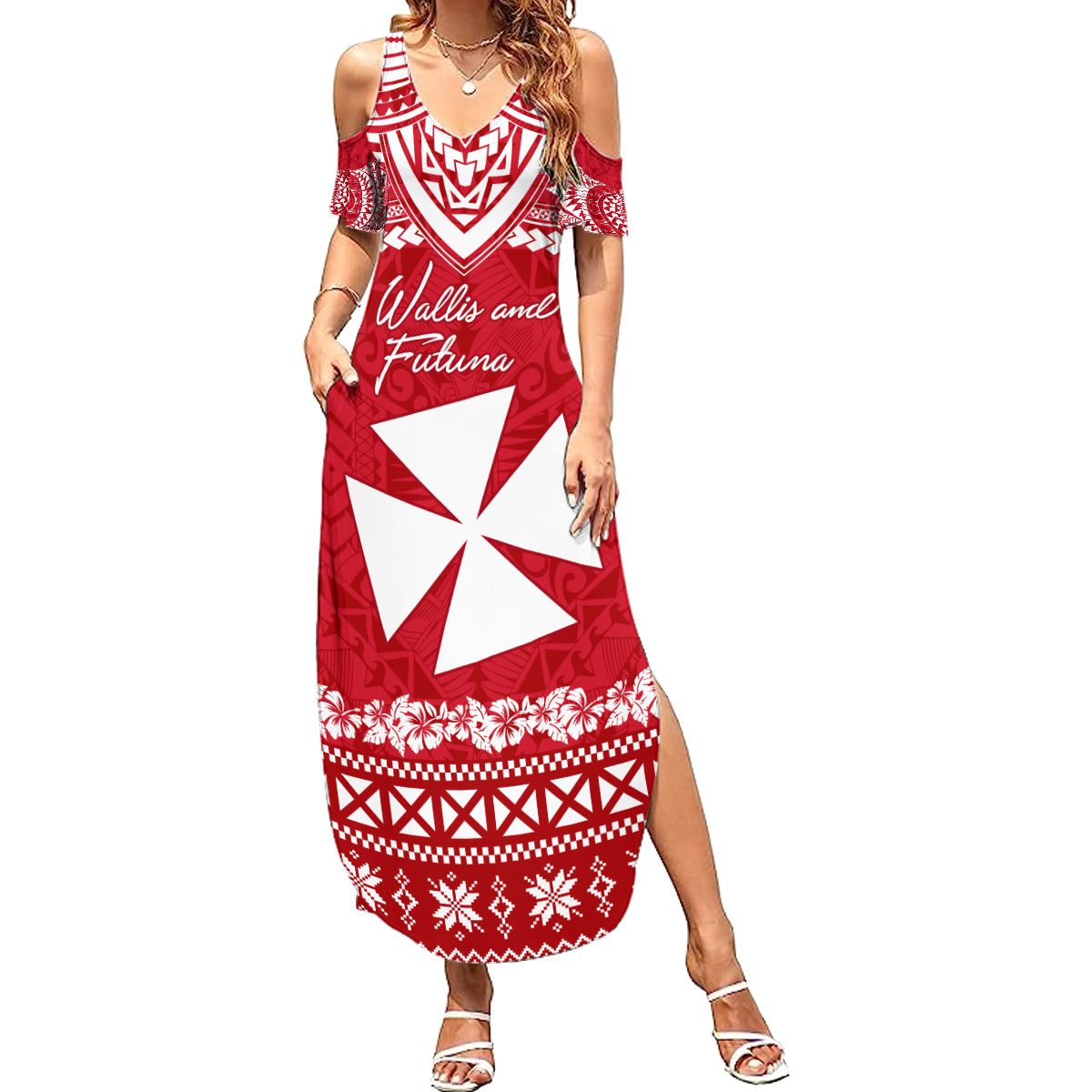 Personalised Wallis and Futuna Christmas Summer Maxi Dress Polynesian Tribal LT9 Women Red - Polynesian Pride