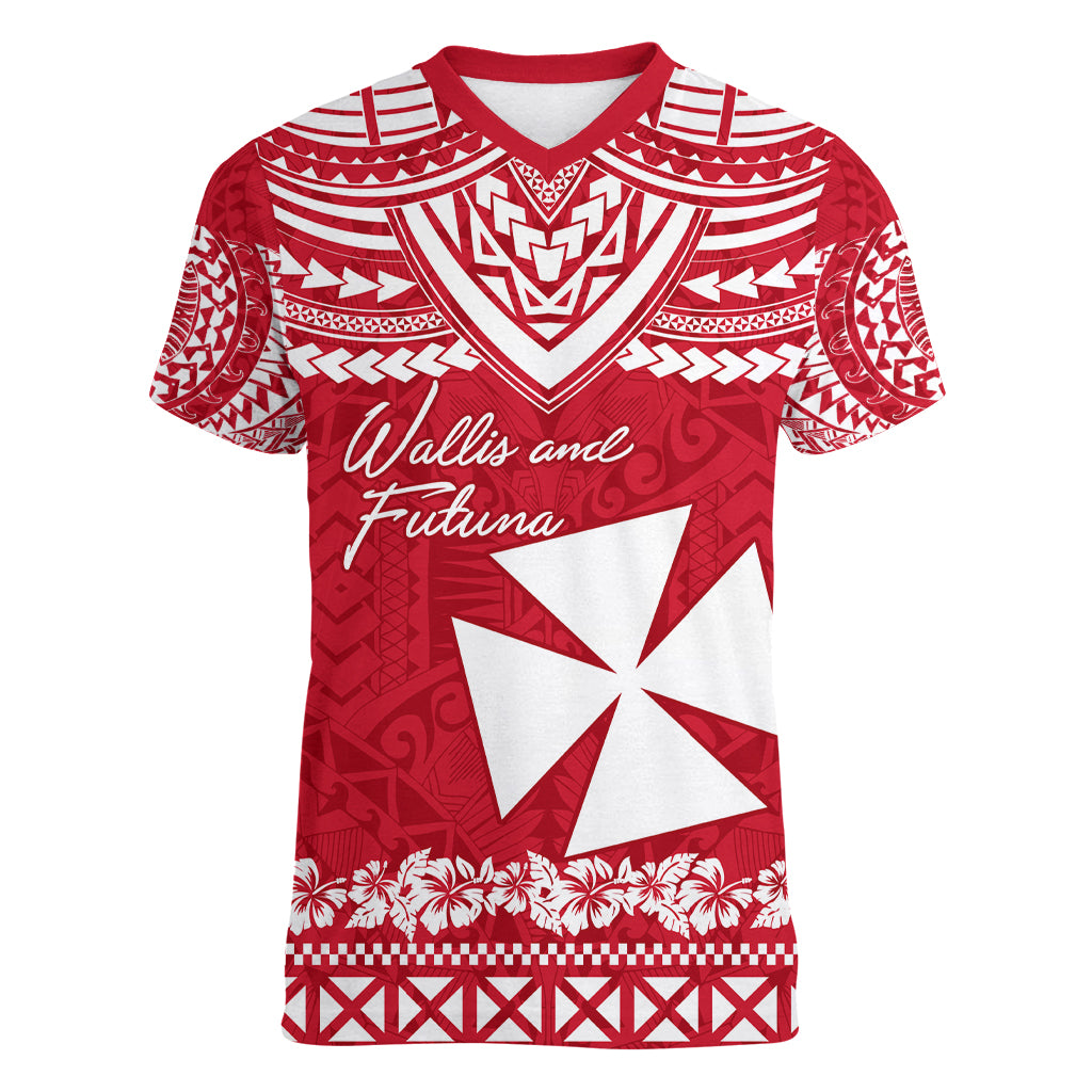 Personalised Wallis and Futuna Christmas Women V Neck T Shirt Polynesian Tribal LT9 Female Red - Polynesian Pride