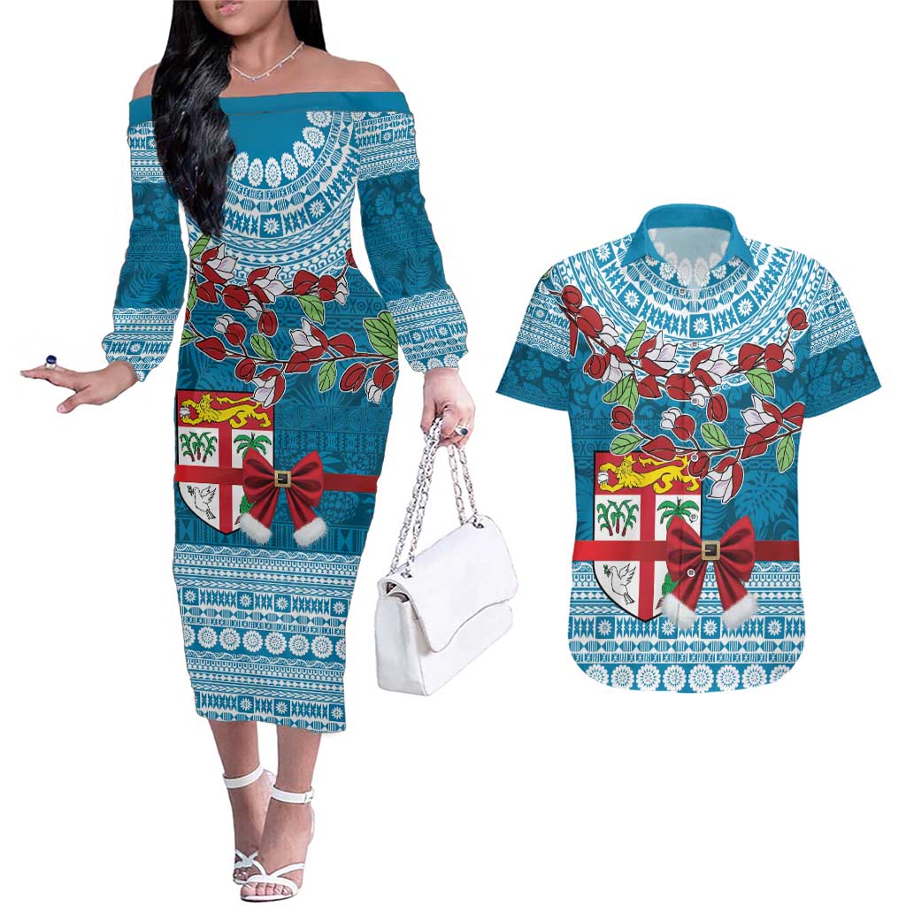 Fijian Tagimoucia Flowers Couples Matching Off The Shoulder Long Sleeve Dress and Hawaiian Shirt Christmas Coquette bow