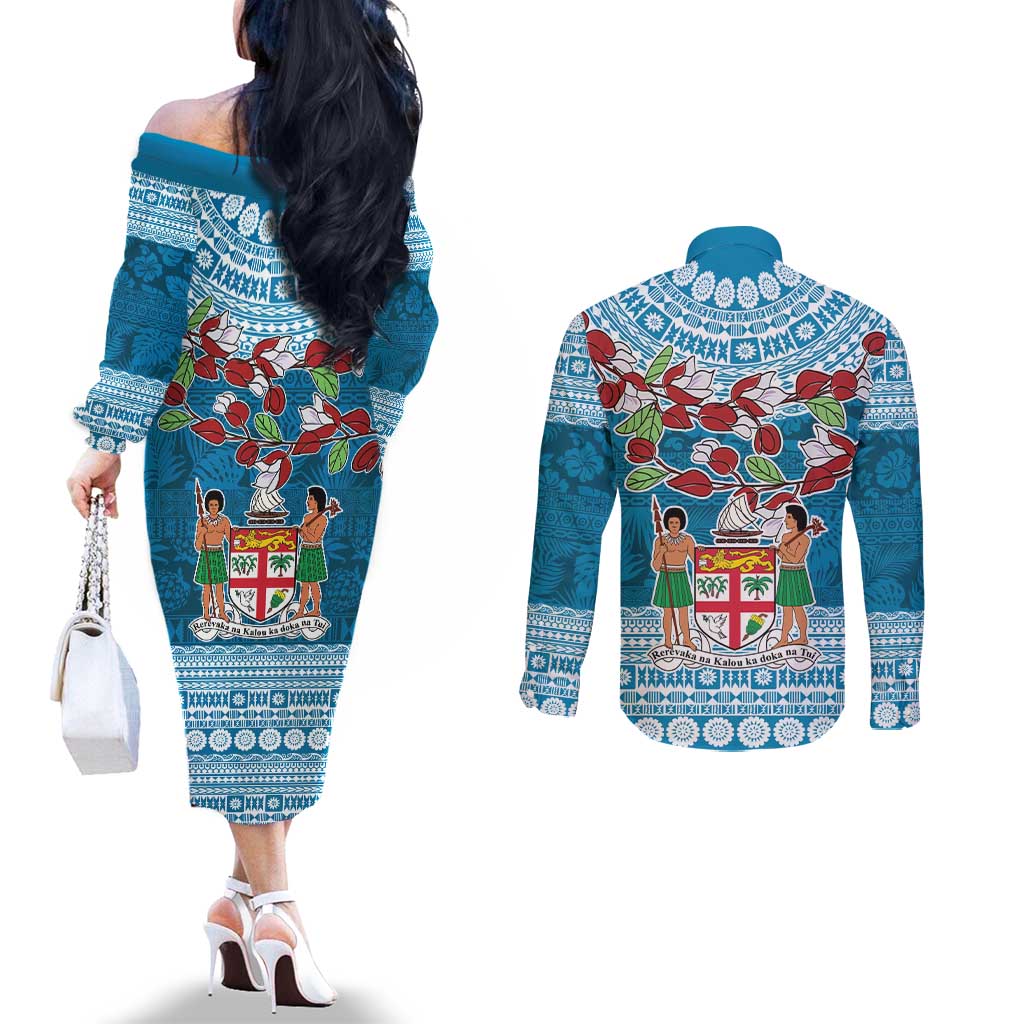 Fijian Tagimoucia Flowers Couples Matching Off The Shoulder Long Sleeve Dress and Long Sleeve Button Shirt Christmas Coquette bow