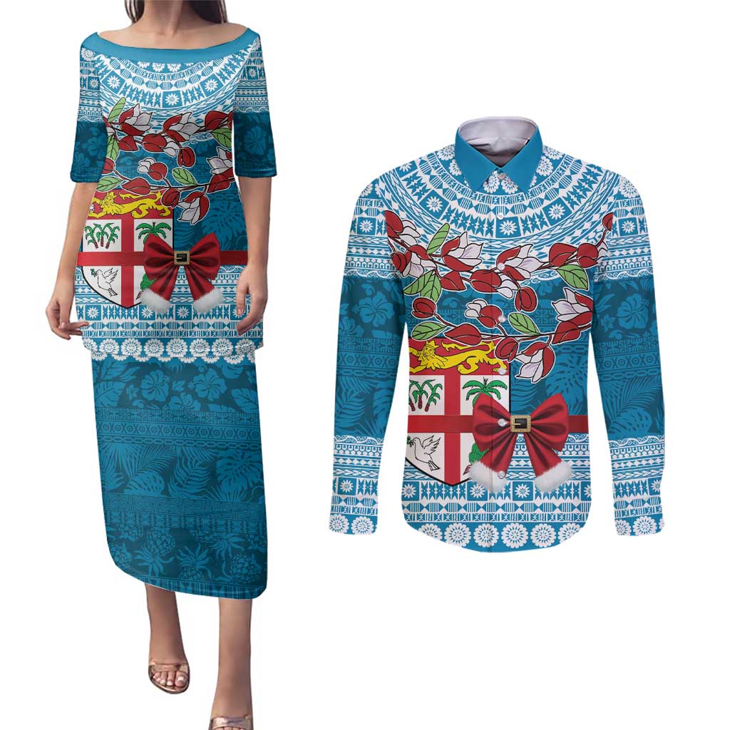 Fijian Tagimoucia Flowers Couples Matching Puletasi and Long Sleeve Button Shirt Christmas Coquette bow