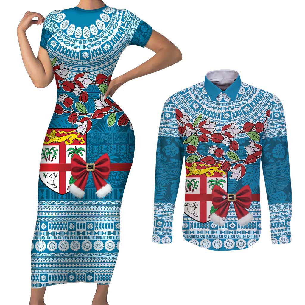 Fijian Tagimoucia Flowers Couples Matching Short Sleeve Bodycon Dress and Long Sleeve Button Shirt Christmas Coquette bow