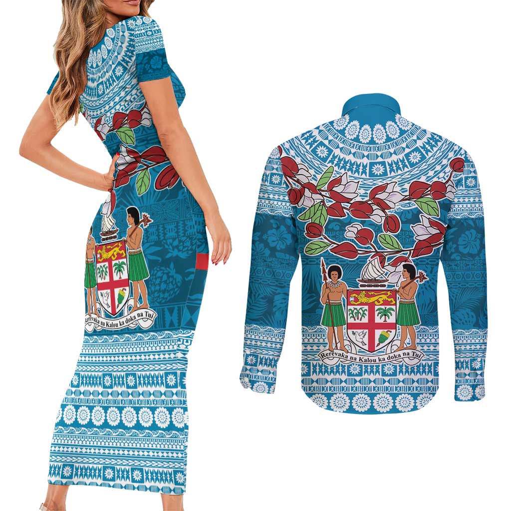 Fijian Tagimoucia Flowers Couples Matching Short Sleeve Bodycon Dress and Long Sleeve Button Shirt Christmas Coquette bow