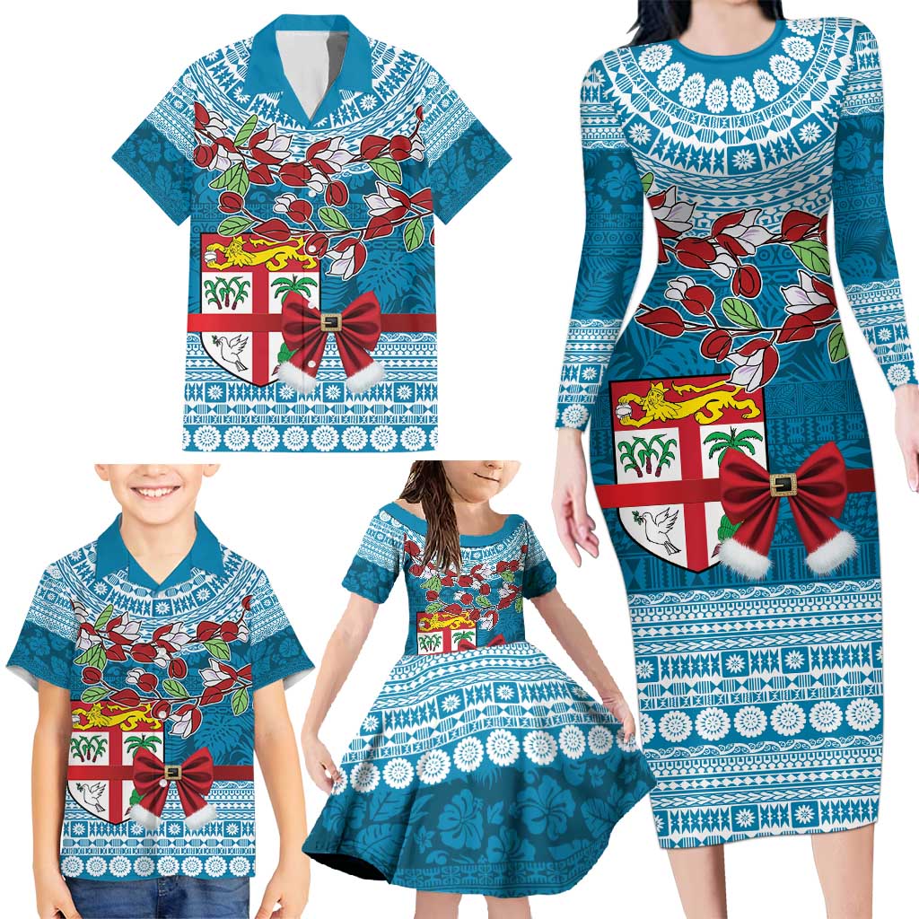 Fijian Tagimoucia Flowers Family Matching Long Sleeve Bodycon Dress and Hawaiian Shirt Christmas Coquette bow