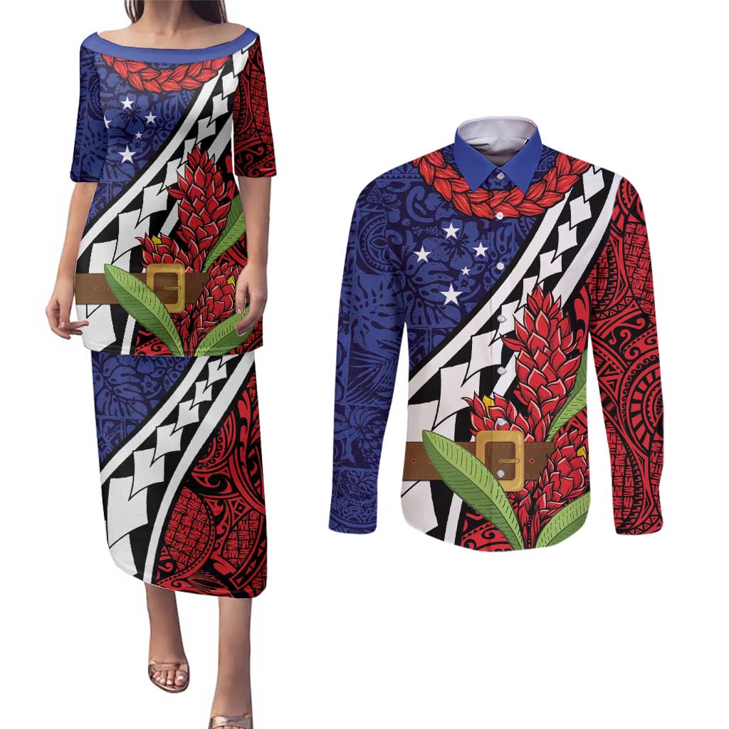 Samoan Ula Fala Flowers Couples Matching Puletasi and Long Sleeve Button Shirt Christmas Santa Belt