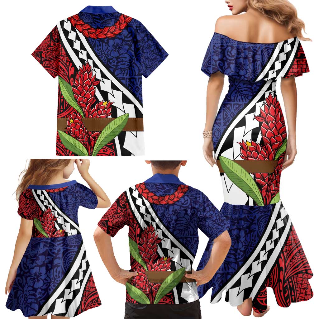 Samoan Ula Fala Flowers Family Matching Mermaid Dress and Hawaiian Shirt Christmas Santa Belt