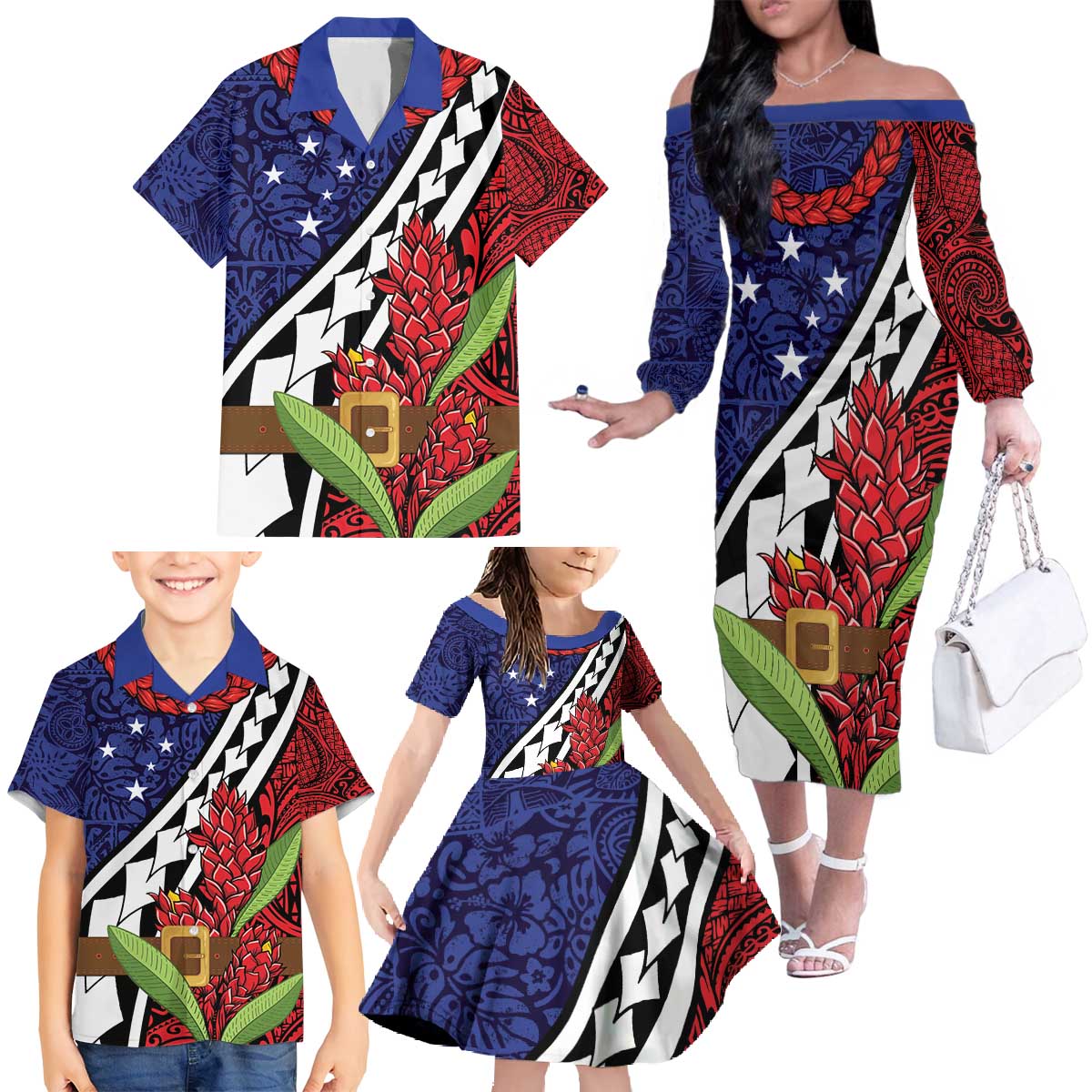 Samoan Ula Fala Flowers Family Matching Off The Shoulder Long Sleeve Dress and Hawaiian Shirt Christmas Santa Belt