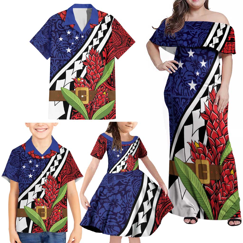 Samoan Ula Fala Flowers Family Matching Off Shoulder Maxi Dress and Hawaiian Shirt Christmas Santa Belt