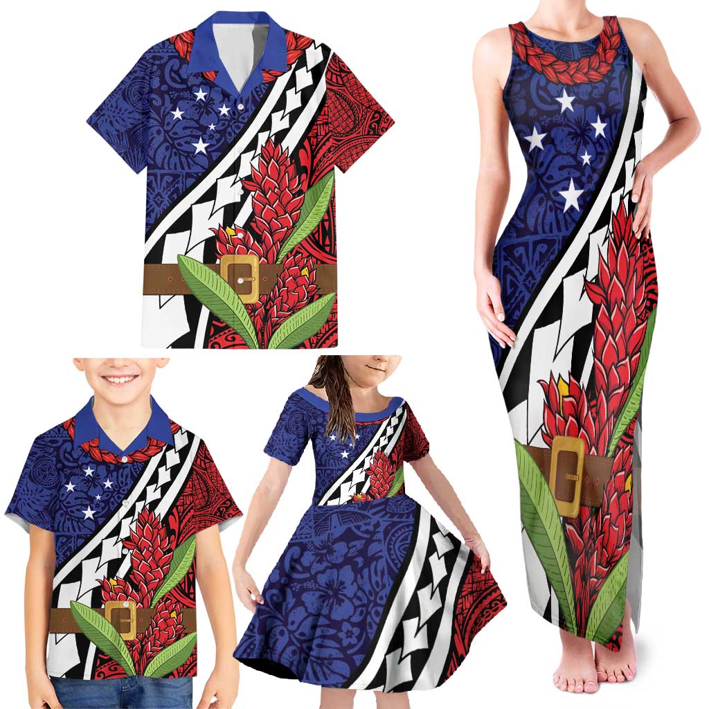 Samoan Ula Fala Flowers Family Matching Tank Maxi Dress and Hawaiian Shirt Christmas Santa Belt