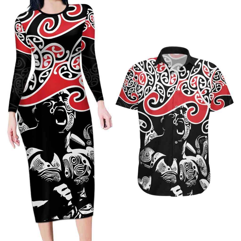 Aotearoa Toitu Te Tiriti Couples Matching Long Sleeve Bodycon Dress and Hawaiian Shirt New Zealand Stand Together Stand Stronger