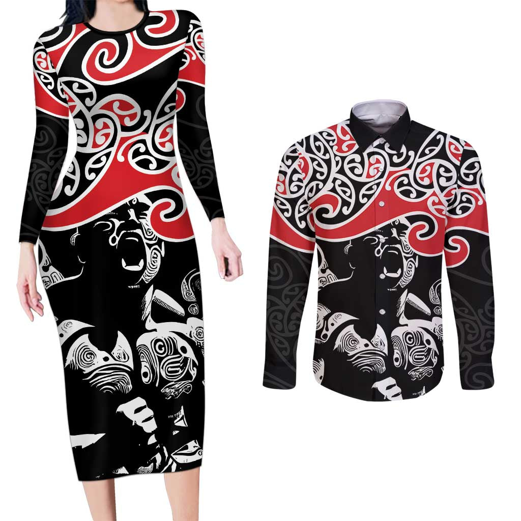 Aotearoa Toitu Te Tiriti Couples Matching Long Sleeve Bodycon Dress and Long Sleeve Button Shirt New Zealand Stand Together Stand Stronger LT9 Black - Polynesian Pride