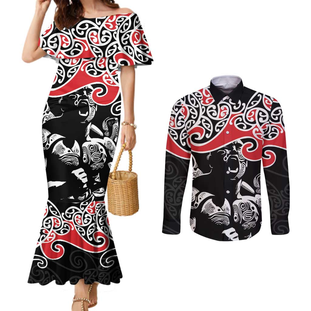 Aotearoa Toitu Te Tiriti Couples Matching Mermaid Dress and Long Sleeve Button Shirt New Zealand Stand Together Stand Stronger LT9 Black - Polynesian Pride