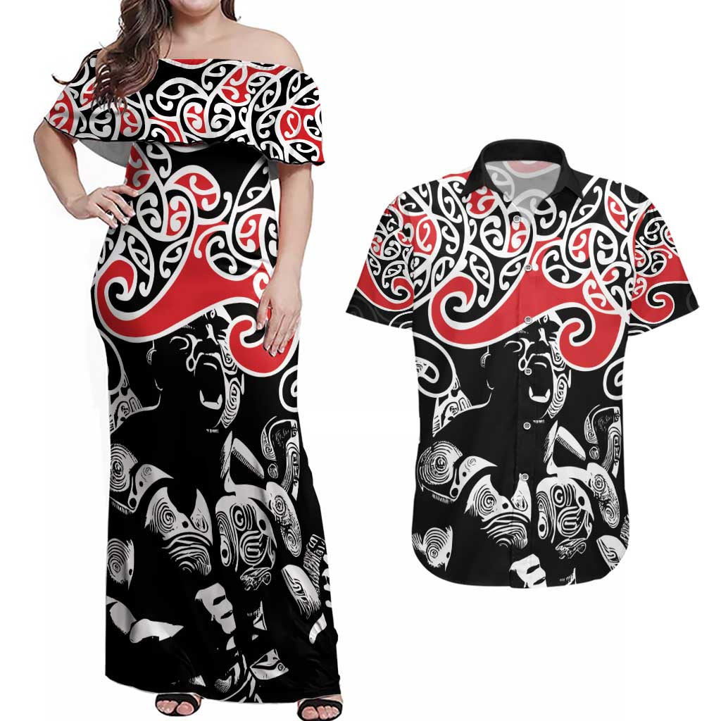 Aotearoa Toitu Te Tiriti Couples Matching Off Shoulder Maxi Dress and Hawaiian Shirt New Zealand Stand Together Stand Stronger