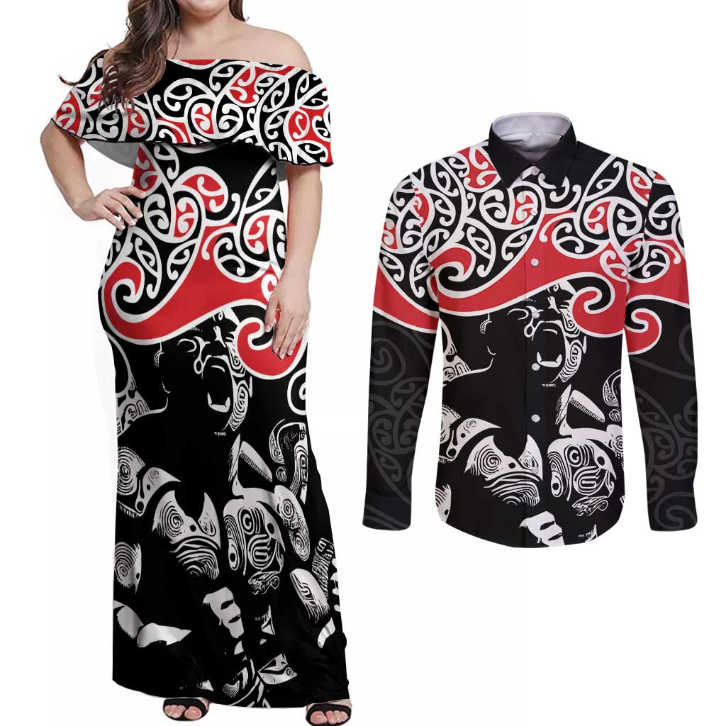Aotearoa Toitu Te Tiriti Couples Matching Off Shoulder Maxi Dress and Long Sleeve Button Shirt New Zealand Stand Together Stand Stronger LT9 Black - Polynesian Pride
