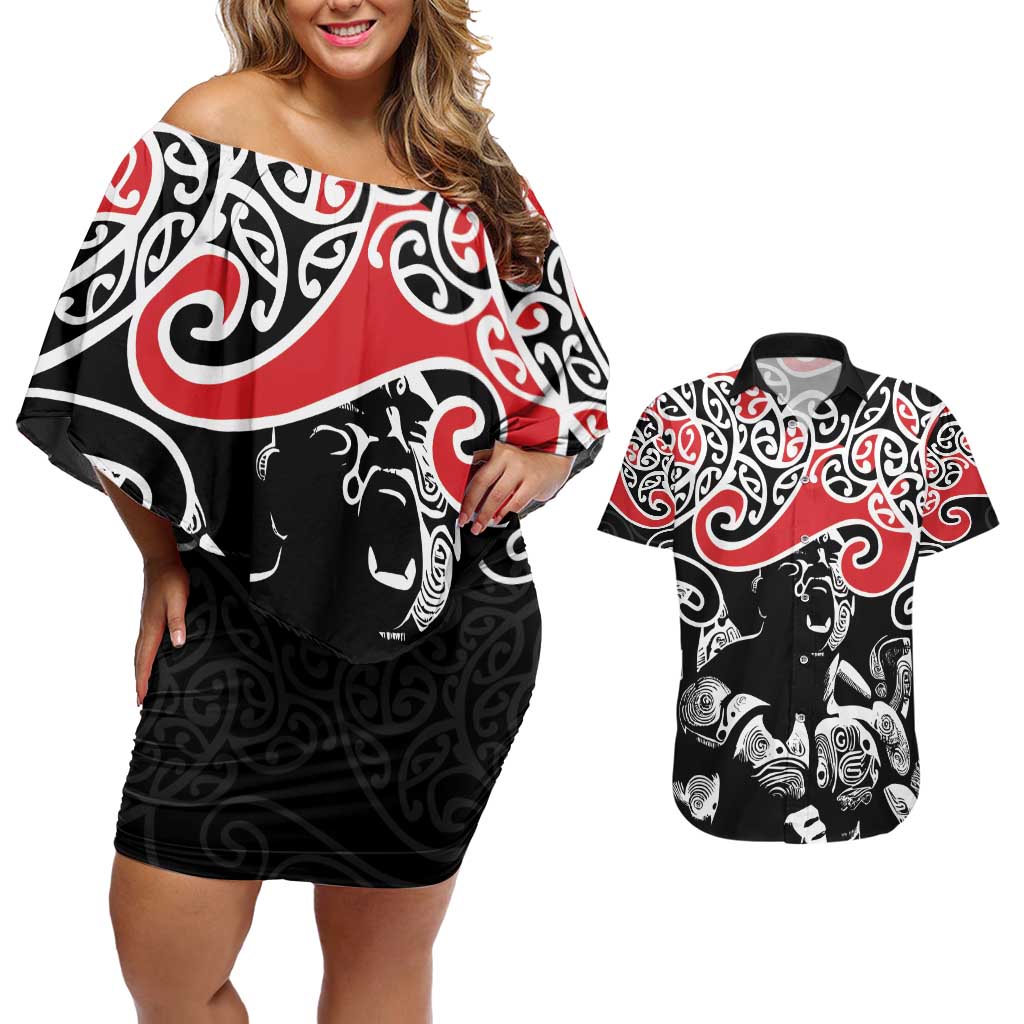 Aotearoa Toitu Te Tiriti Couples Matching Off Shoulder Short Dress and Hawaiian Shirt New Zealand Stand Together Stand Stronger LT9 Black - Polynesian Pride