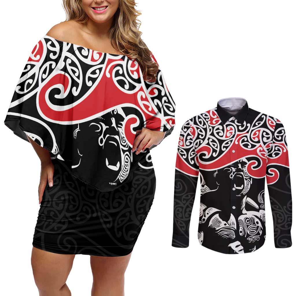 Aotearoa Toitu Te Tiriti Couples Matching Off Shoulder Short Dress and Long Sleeve Button Shirt New Zealand Stand Together Stand Stronger LT9 Black - Polynesian Pride