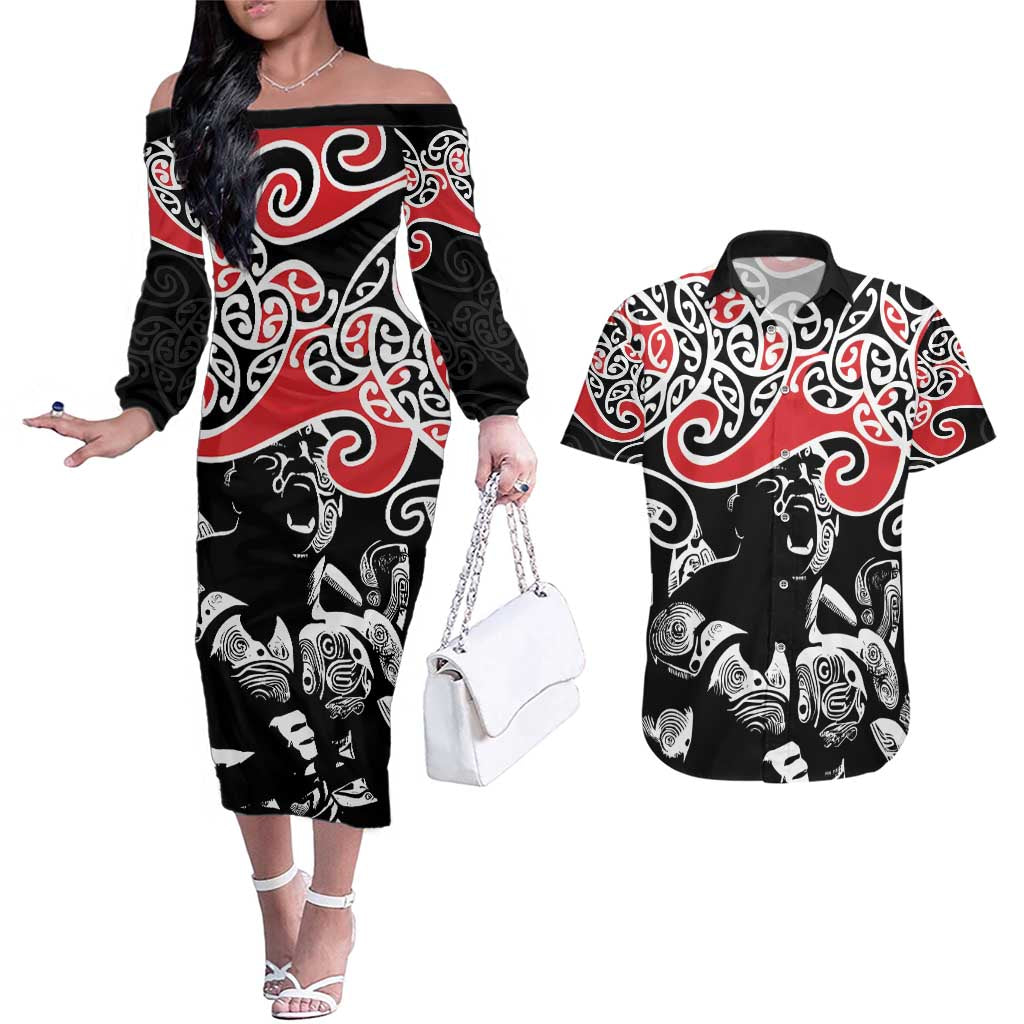 Aotearoa Toitu Te Tiriti Couples Matching Off The Shoulder Long Sleeve Dress and Hawaiian Shirt New Zealand Stand Together Stand Stronger LT9 Black - Polynesian Pride