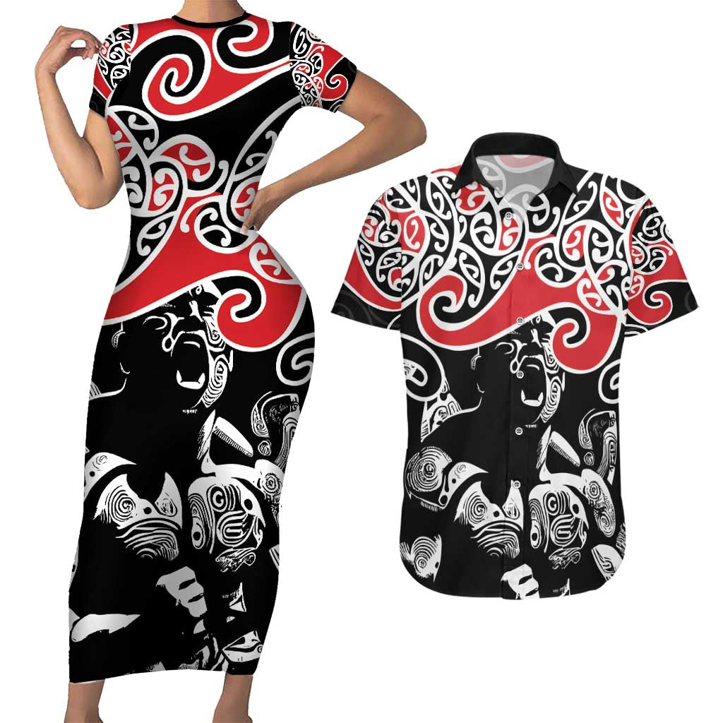 Aotearoa Toitu Te Tiriti Couples Matching Short Sleeve Bodycon Dress and Hawaiian Shirt New Zealand Stand Together Stand Stronger LT9 Black - Polynesian Pride