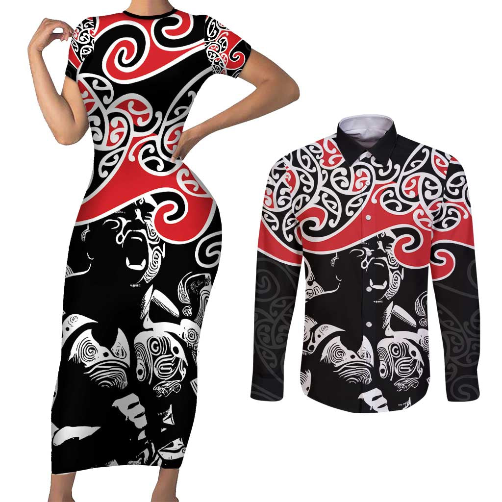 Aotearoa Toitu Te Tiriti Couples Matching Short Sleeve Bodycon Dress and Long Sleeve Button Shirt New Zealand Stand Together Stand Stronger LT9 Black - Polynesian Pride
