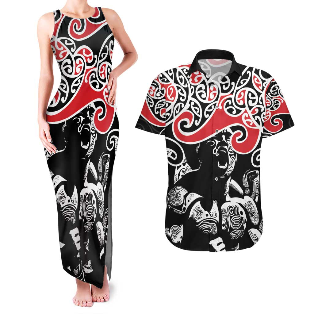Aotearoa Toitu Te Tiriti Couples Matching Tank Maxi Dress and Hawaiian Shirt New Zealand Stand Together Stand Stronger LT9 Black - Polynesian Pride
