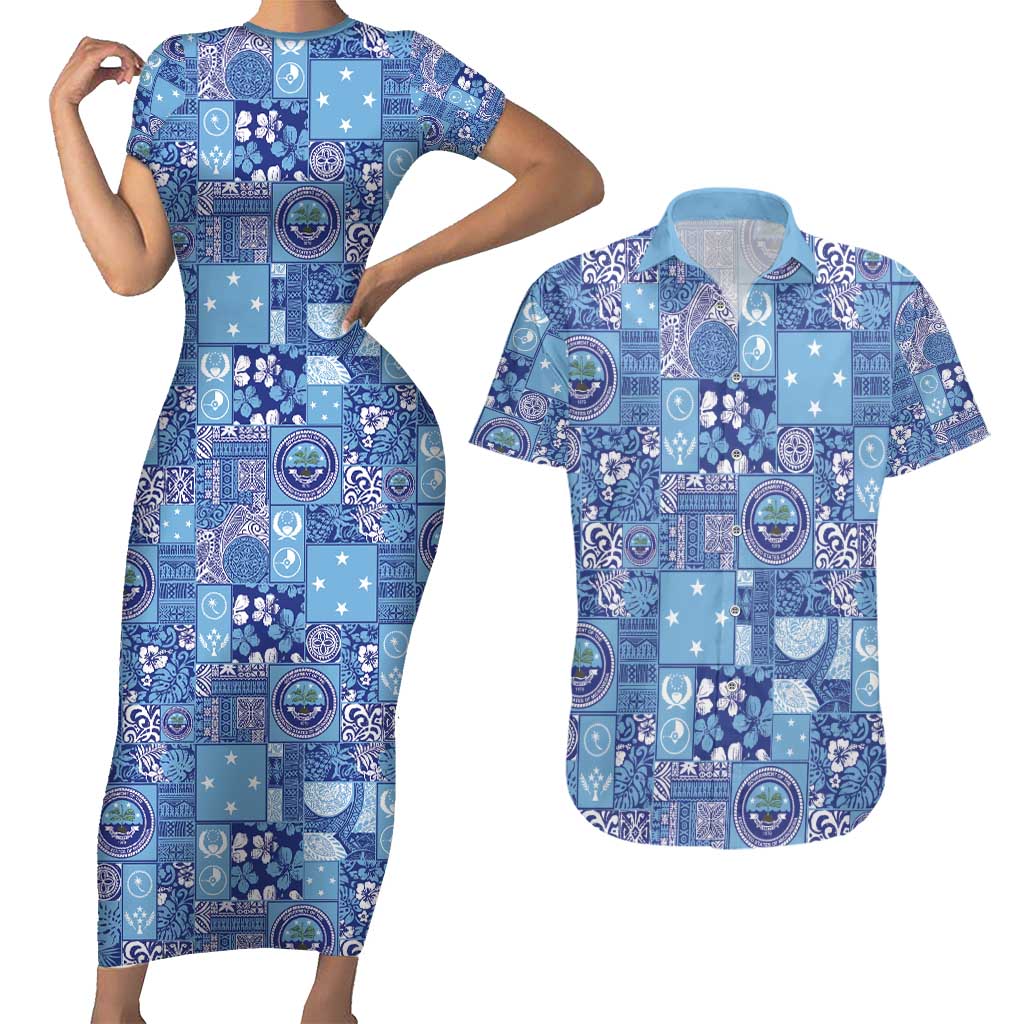 Federated States of Micronesia Merry Christmas Couples Matching Short Sleeve Bodycon Dress and Hawaiian Shirt Pacific Patchwork Xmas Vibes - Polynesian Pride