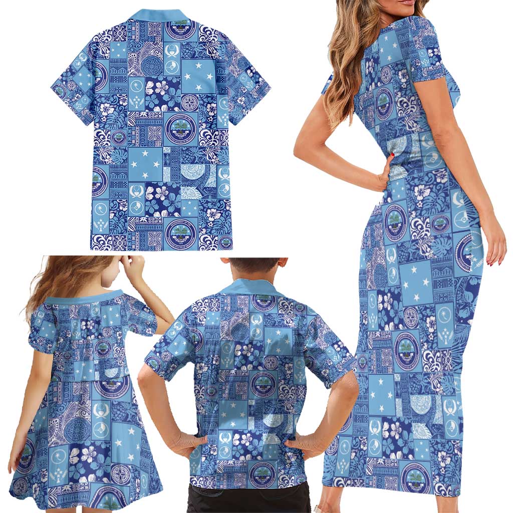 Federated States of Micronesia Merry Christmas Family Matching Short Sleeve Bodycon Dress and Hawaiian Shirt Pacific Patchwork Xmas Vibes - Polynesian Pride