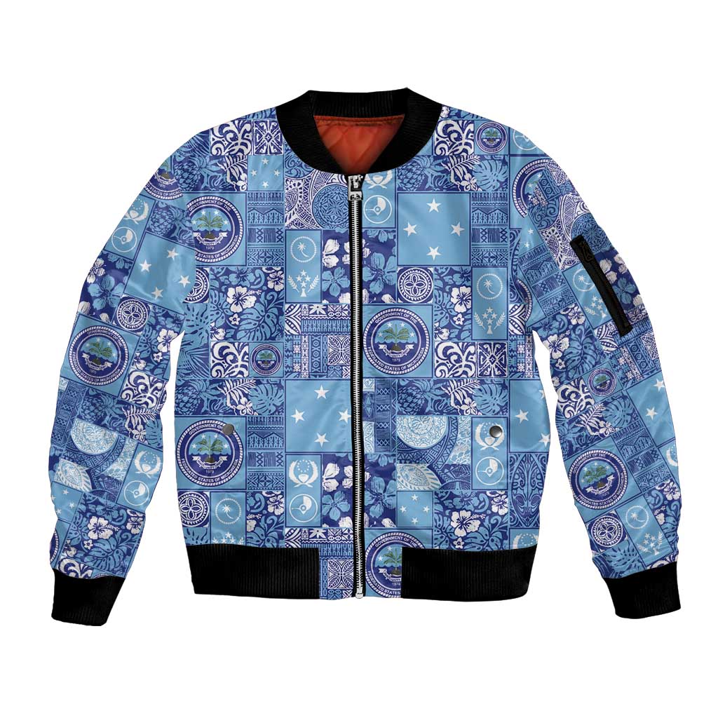 Federated States of Micronesia Merry Christmas Sleeve Zip Bomber Jacket Pacific Patchwork Xmas Vibes - Polynesian Pride