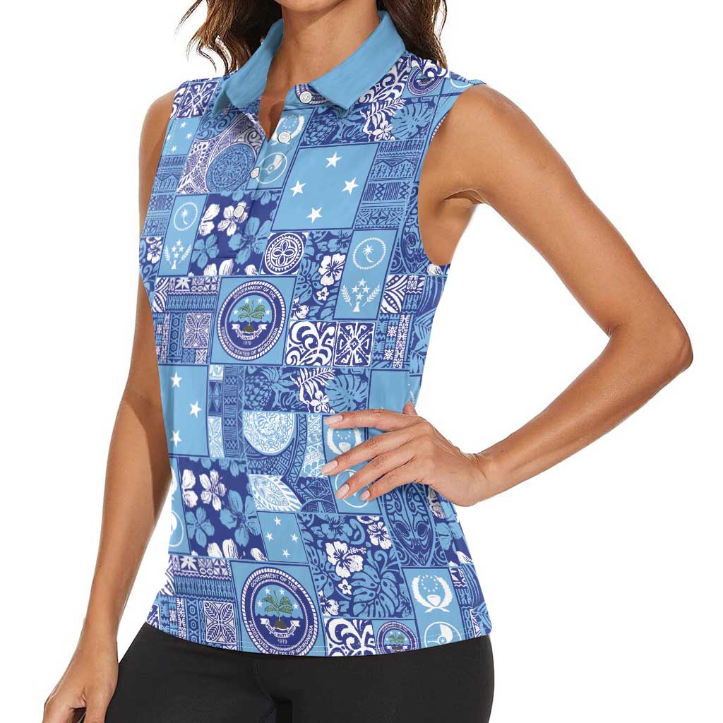 Federated States of Micronesia Merry Christmas Women Sleeveless Polo Shirt Pacific Patchwork Xmas Vibes - Polynesian Pride