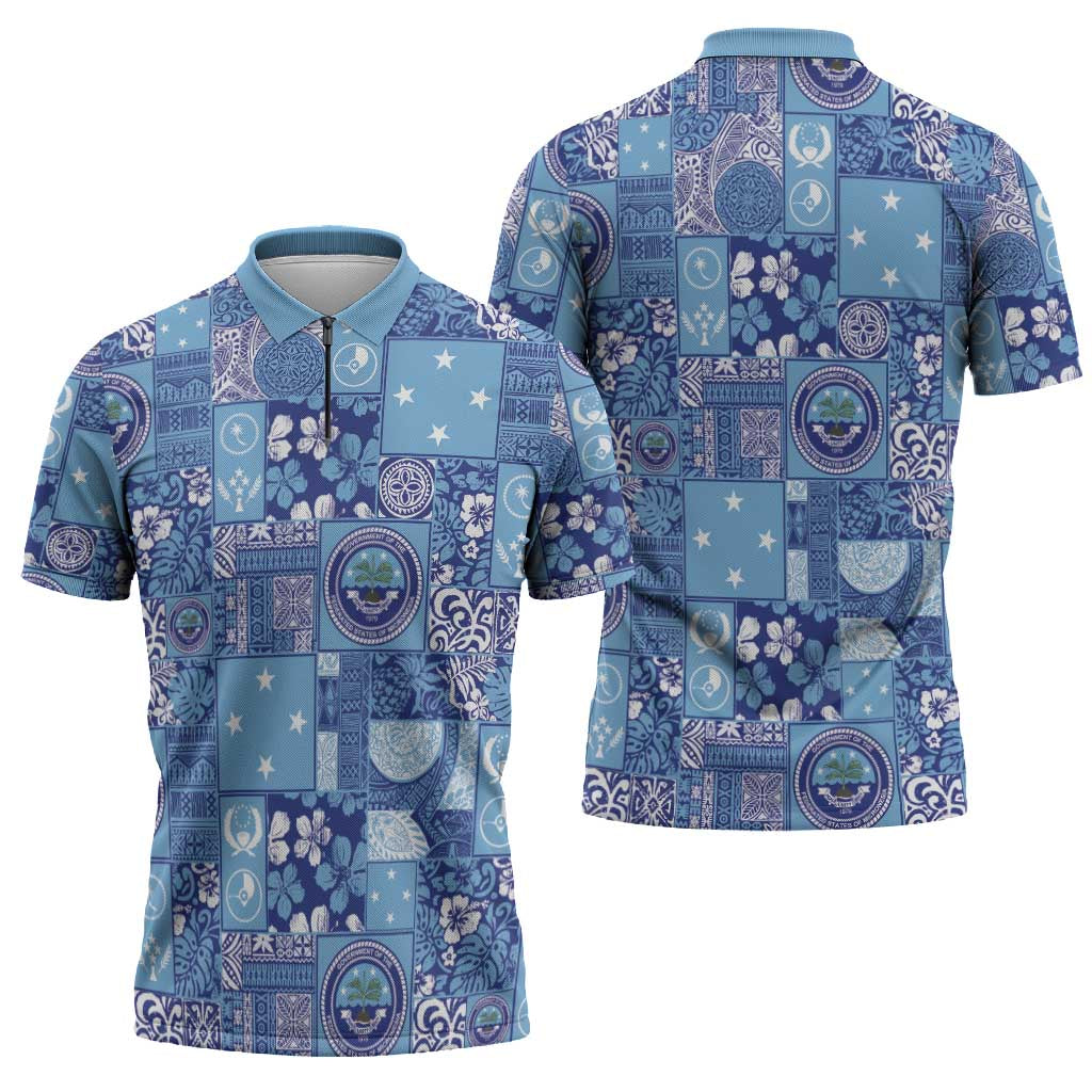 Federated States of Micronesia Merry Christmas Zipper Polo Shirt Pacific Patchwork Xmas Vibes - Polynesian Pride