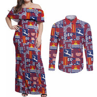 Kiribati Tekeraoi n te Kiritimati Couples Matching Off Shoulder Maxi Dress and Long Sleeve Button Shirt Pacific Patchwork Xmas Vibes - Polynesian Pride