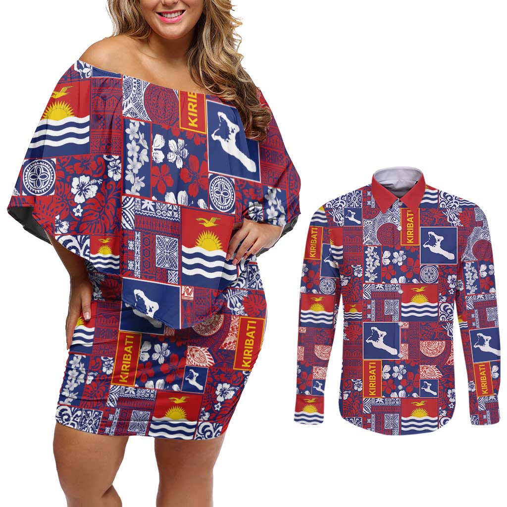 Kiribati Tekeraoi n te Kiritimati Couples Matching Off Shoulder Short Dress and Long Sleeve Button Shirt Pacific Patchwork Xmas Vibes - Polynesian Pride