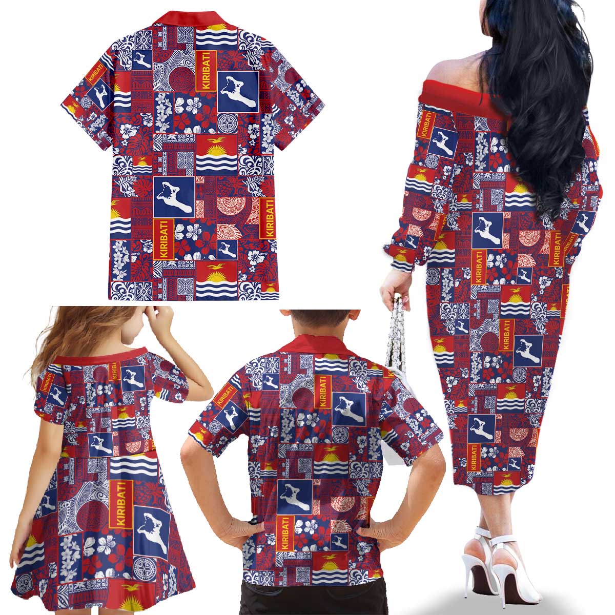 Kiribati Tekeraoi n te Kiritimati Family Matching Off The Shoulder Long Sleeve Dress and Hawaiian Shirt Pacific Patchwork Xmas Vibes - Polynesian Pride