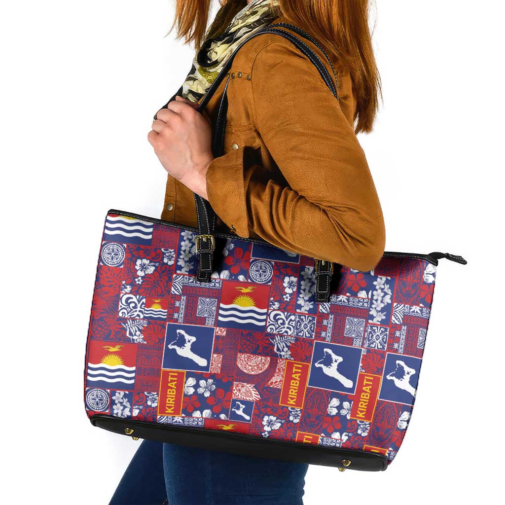 Kiribati Tekeraoi n te Kiritimati Leather Tote Bag Pacific Patchwork Xmas Vibes - Polynesian Pride